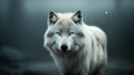 Obraz premium Majestic white wolf with piercing blue eyes walking in a mystical forest setting under a starlit sky.