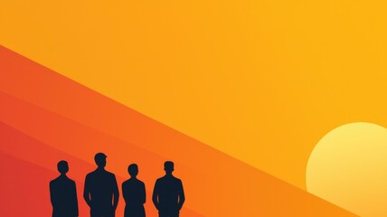 Fototapeta premium A silhouetted group of four figures stands against a vibrant sunset, showcasing a gradient of warm colors in the sky.