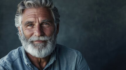Obraz premium Portrait of a mature and serene man, exuding calmness and wisdom. This portrait captures the essence of maturity, with space for text and design on a gray background.