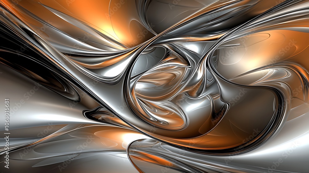 Poster an abstract design featuring swirling metallic elements in silver and orange hues, creating a fluid,