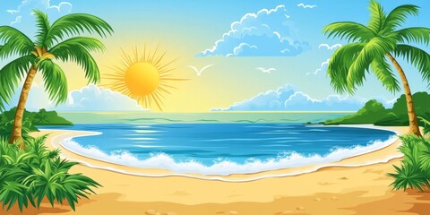 Obraz premium A picture representing the beauty of a summer vacation. It shows a beach, the ocean, the sun in the sky, and the water.