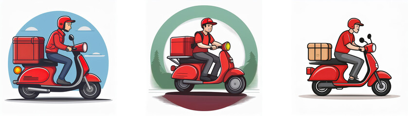 Three illustrations of red scooters with delivery drivers.