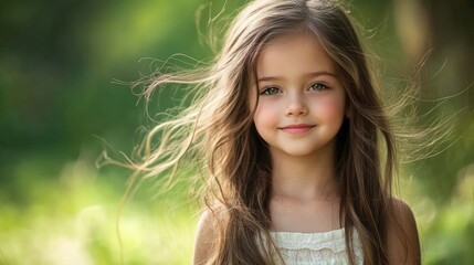 Naklejka premium Happy young girl with beautiful long hair poses against a lush green nature background, capturing a dreamy spring vibe that highlights her healthy hair and joyful spirit, with ample copy space.