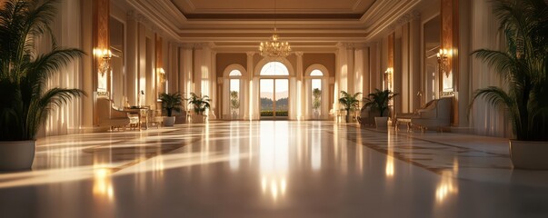 Obraz premium Opulent Wide Open Interior Bathed in Soft Light, Evoking a Sense of Vastness and Elegance