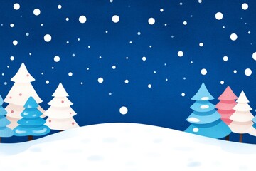 A winter landscape with colorful trees and falling snowflakes.