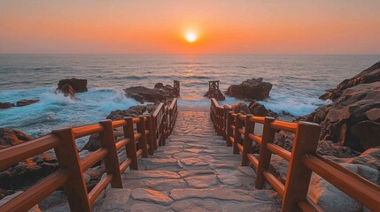 Obraz premium The stone steps leading to the sea in Haeundungang City, Korea at sunset, are surrounded by rocks and waves crashing against them. 