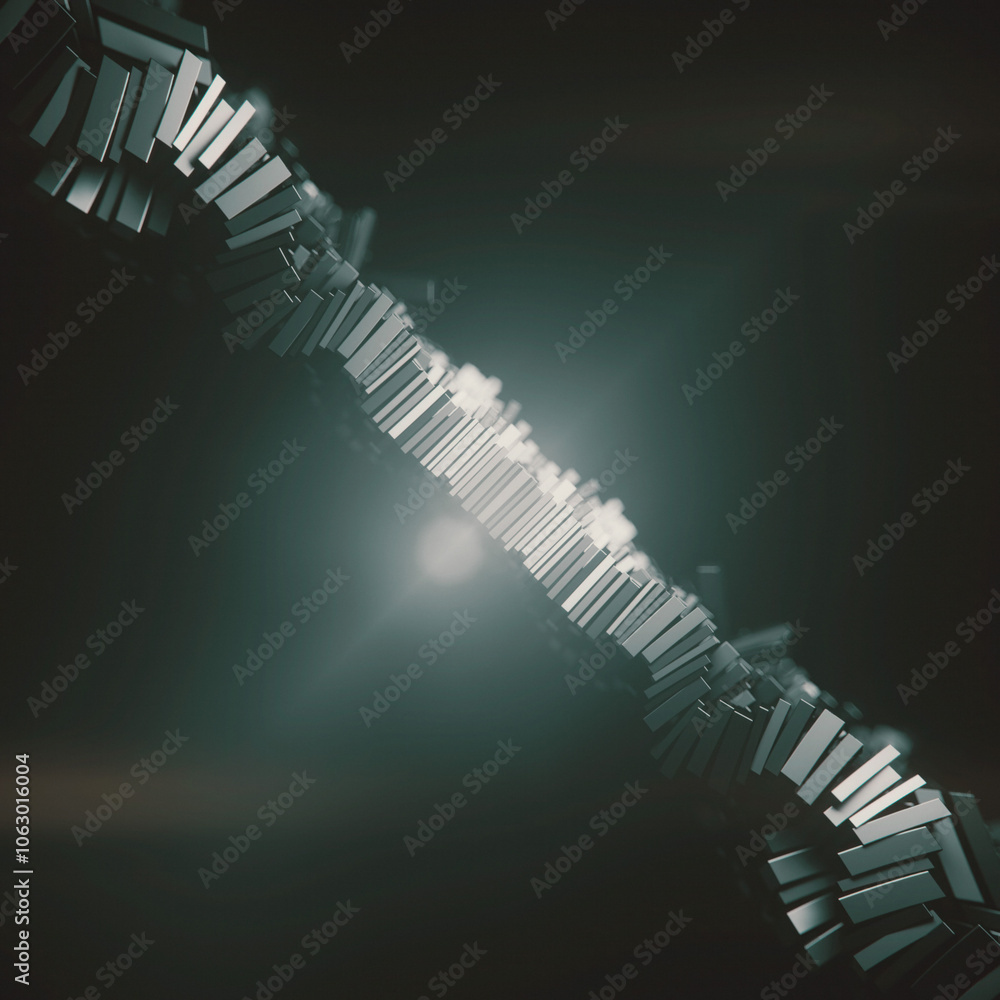 Poster Digital illustration of a diagonal line composed of metallic rectangular elements with a cold sheen. 3d rendering