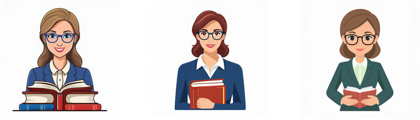Three women with glasses holding books in their hands, wearing blazers.