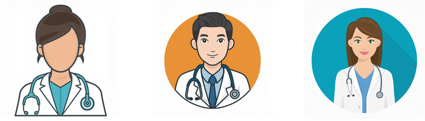 Fototapeta premium Three cartoon doctors are depicted in profile view, each with a stethoscope and a white lab coat.