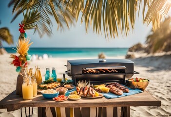 Barbecue grill with tasty steaks and vegetables on beach