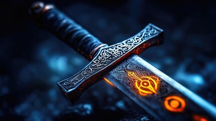 Intricate sword with glowing designs, dark background, dramatic lighting.