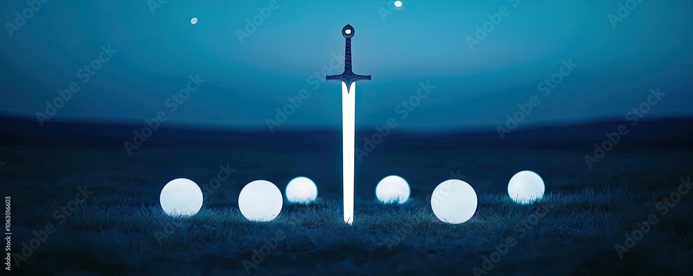 Aufkleber a sword in a mystical setting surrounded by glowing orbs in twilight.