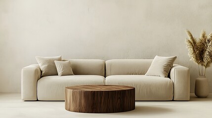 A modern, minimalist living room featuring a beige sofa, round wooden coffee table, and dried plants against a neutral wall.