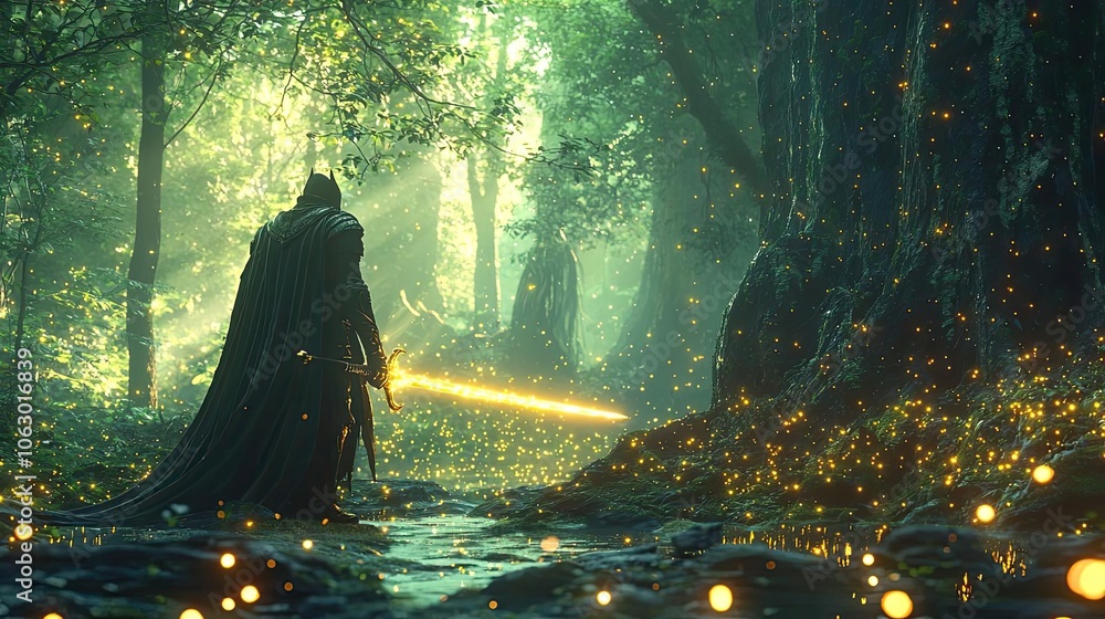 Aufkleber a mysterious figure with a sword in an enchanting forest setting.