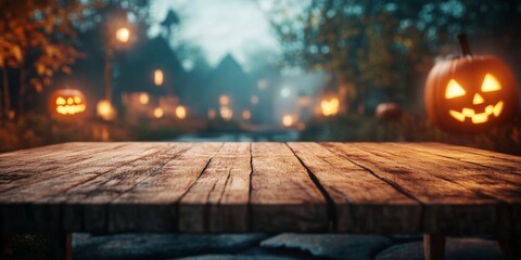 A plain wooden table sits in the foreground, with a blurry Halloween scene behind it. It's a perfect spot for your spooky Halloween decorations or treats.