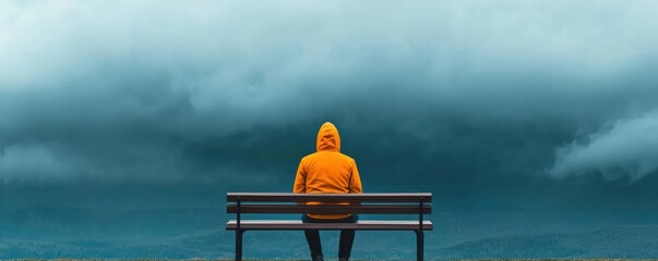 A person sitting on a bench, head down, surrounded by dark clouds, symbolizing depression and mental health struggles