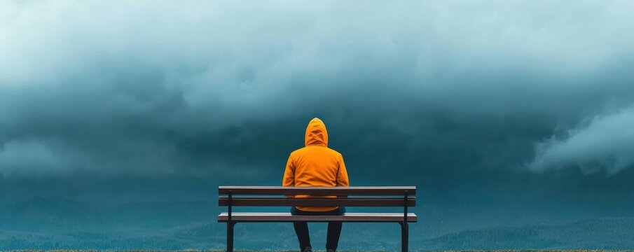 A person sitting on a bench, head down, surrounded by dark clouds, symbolizing depression and mental health struggles