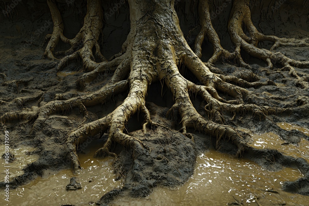 Poster the image features a close-up of tree roots emerging from muddy ground, showcasing intricate texture