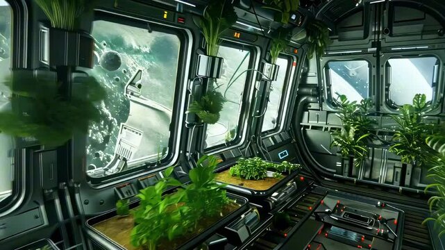 A zero gravity farming module with thriving plants, a backdrop of outer space. sustainable agriculture in orbit