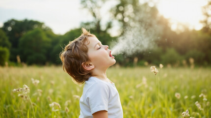 Fototapeta premium A child breathes fresh air in a field. Nature and environment