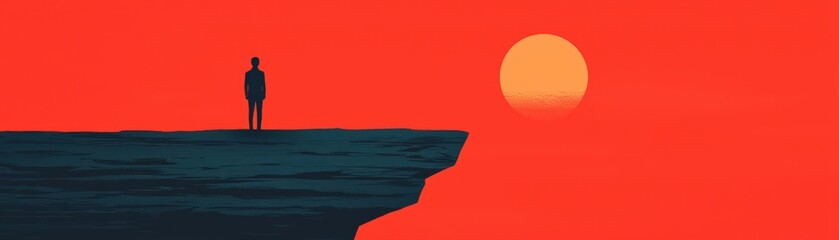 A person standing at the edge of a cliff, looking at a distant sun, symbolizing hope and recovery from depression