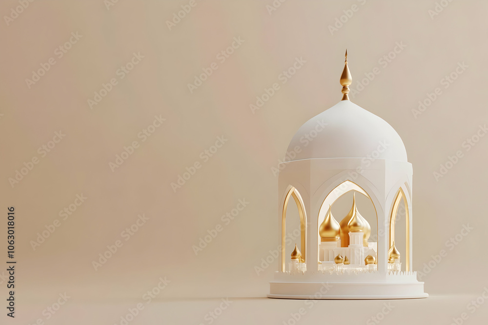 Poster a minimalist architectural model of a dome structure with golden accents. ai image