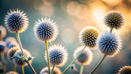Obraz premium Close-Up of Cocklebur Asteraceae Family with Kenikir and Dandelion Flowers in Minimalist Style, Showcasing Natural Beauty and Intricate Details of North American Flora