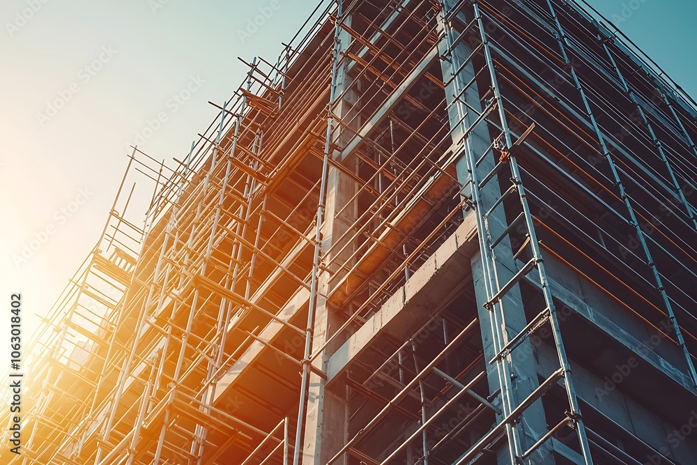 Poster a construction site with scaffolding and a bright sunset, showcasing the structural elements of a mo