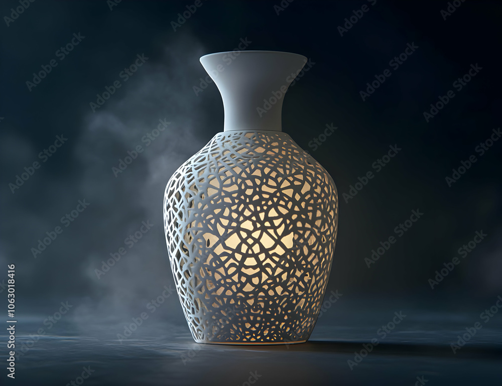 Poster a decorative lamp with intricate patterns, emitting a warm glow in a dark setting. ai image