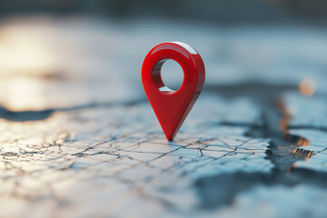 3D red location pin on map. Location point marker or navigation pin icon sign. Gps, navigation symbol, destination pointer marker, route sign, delivery address target.
