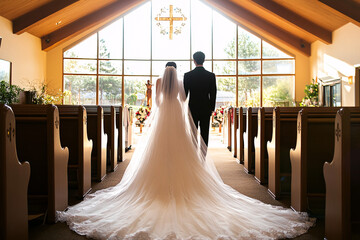 Bride and groom walking down the church aisle in a sunlit setting with wooden pews and large windows highlighting their wedding day
