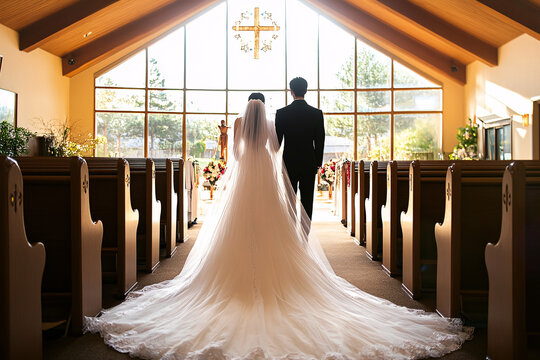 Bride and groom walking down the church aisle in a sunlit setting with wooden pews and large windows highlighting their wedding day
