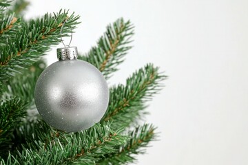 Gray cristmas ball with pine tree leaves close-up, christmas decoration