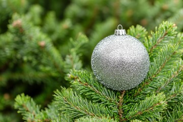 Gray cristmas ball with pine tree leaves close-up, christmas decoration