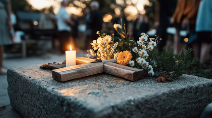 Wooden cross and burning candle with flowers on stone at a memorial gathering during sunset, with blurred people in the background.