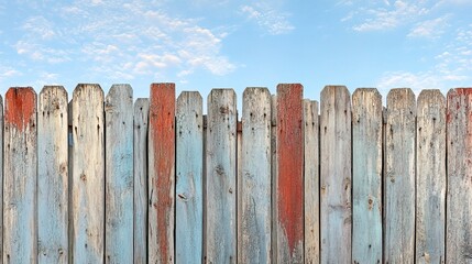 Fototapeta premium Weathered wooden fence on a blue sky background