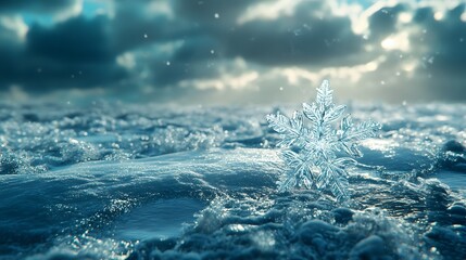 A Single Snowflake Resting on a Frosty Surface