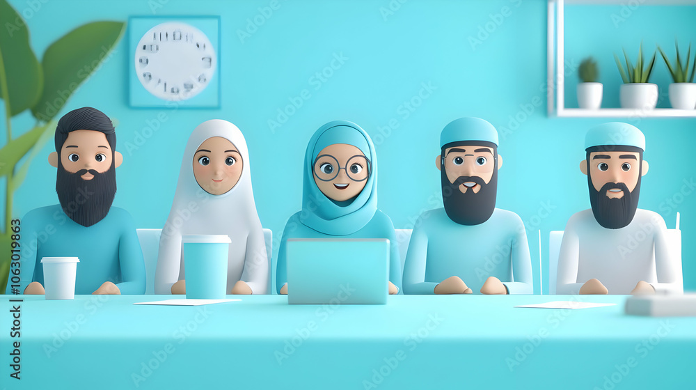 Poster a diverse group of animated characters in a meeting setting, focused on collaboration. ai image