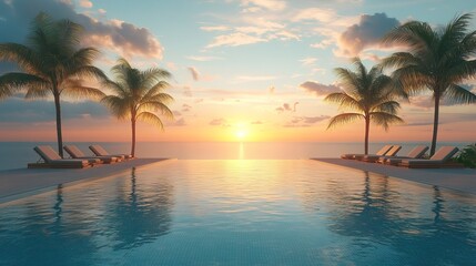 Palms chairs around the infinity swimming pool in a sunset time