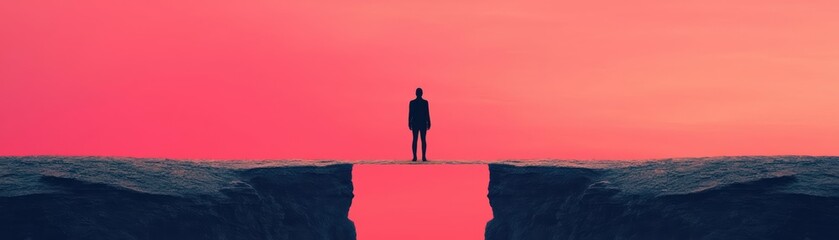 Fototapeta premium A person standing on a bridge between two cliffs, symbolizing the transition from depression to mental health wellbeing