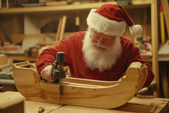 Santa crafting a wooden sleigh in his workshop