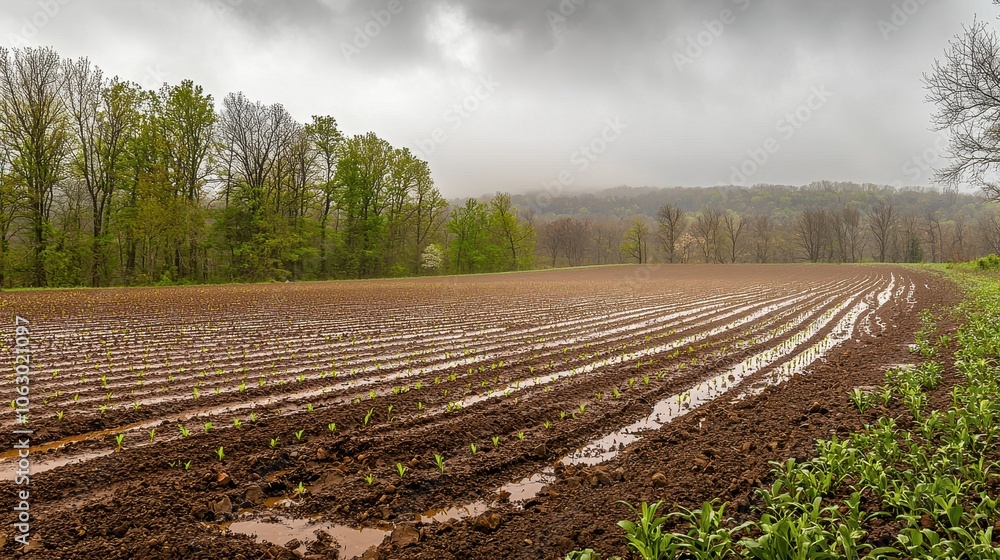 Poster a scenic view of a plowed field under a cloudy sky, with wet soil and rows of freshly turned earth a