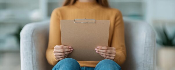 A therapist holding a clipboard, with soft lighting, guiding a client through depression recovery