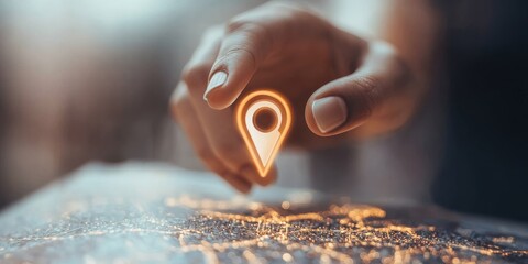 Naklejka premium A stylish design shows a hand pointing to a location pin on a map. It has a search bar and is made up of small dots. This represents finding places, tracking packages, and planning trips.