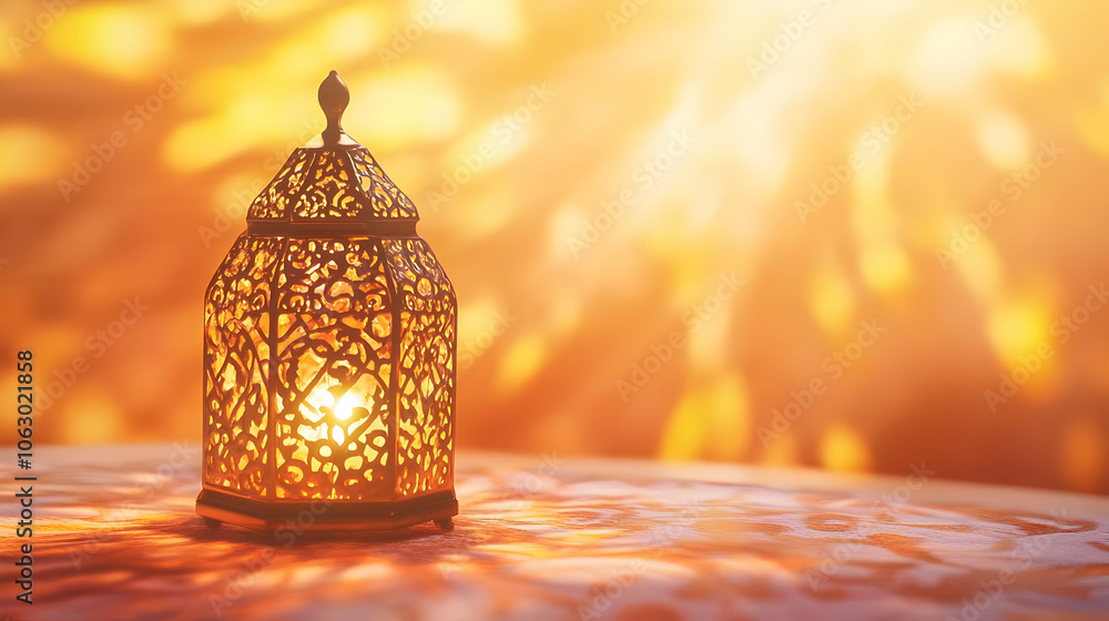 Poster a decorative lantern casting warm light, creating an inviting atmosphere. ai image