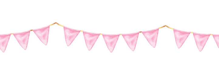 Watercolor pennant banner in pastel pink color, ideal for a baby girl's birthday or gender reveal. The design features hand-drawn flags and ribbons, creating a playful yet elegant atmosphere © Ekaterina