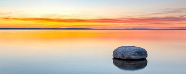 Serene lake view at sunset with a single stone reflecting on calm water.