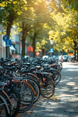 Obraz premium Urban activity: bike rack filled with colorful bicycles