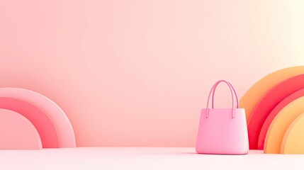 Pink handbag on a soft pink background with abstract colorful shapes.