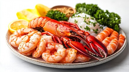 Fresh Lobster and Shrimp Seafood Platter with Lemon and Parsley